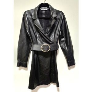 Zara Faux Leather Belted Trench Wrap Dress Jacket Black S